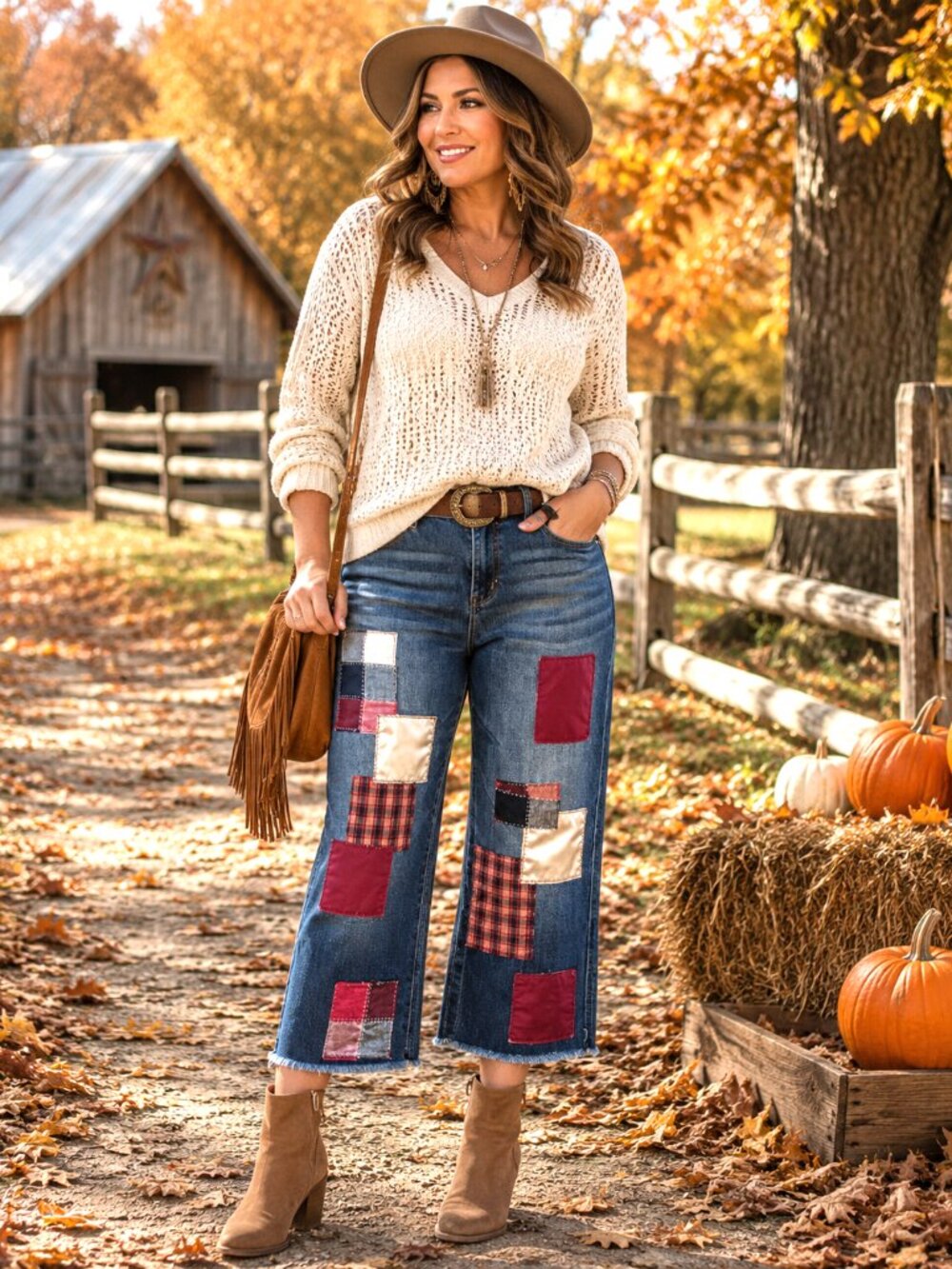 Upcycled Patchwork Jeans Cropped Denim Pants Plaid Autumn Theme Junior Size 12